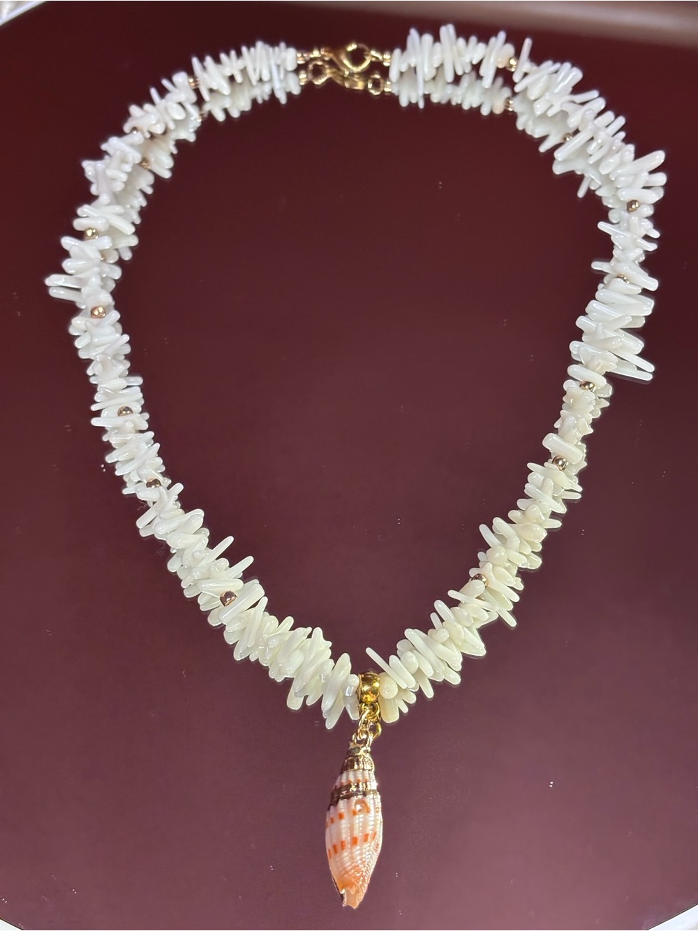 Handmade Bamboo White Coral Beaded Necklace with Conch Pendant 16 inches